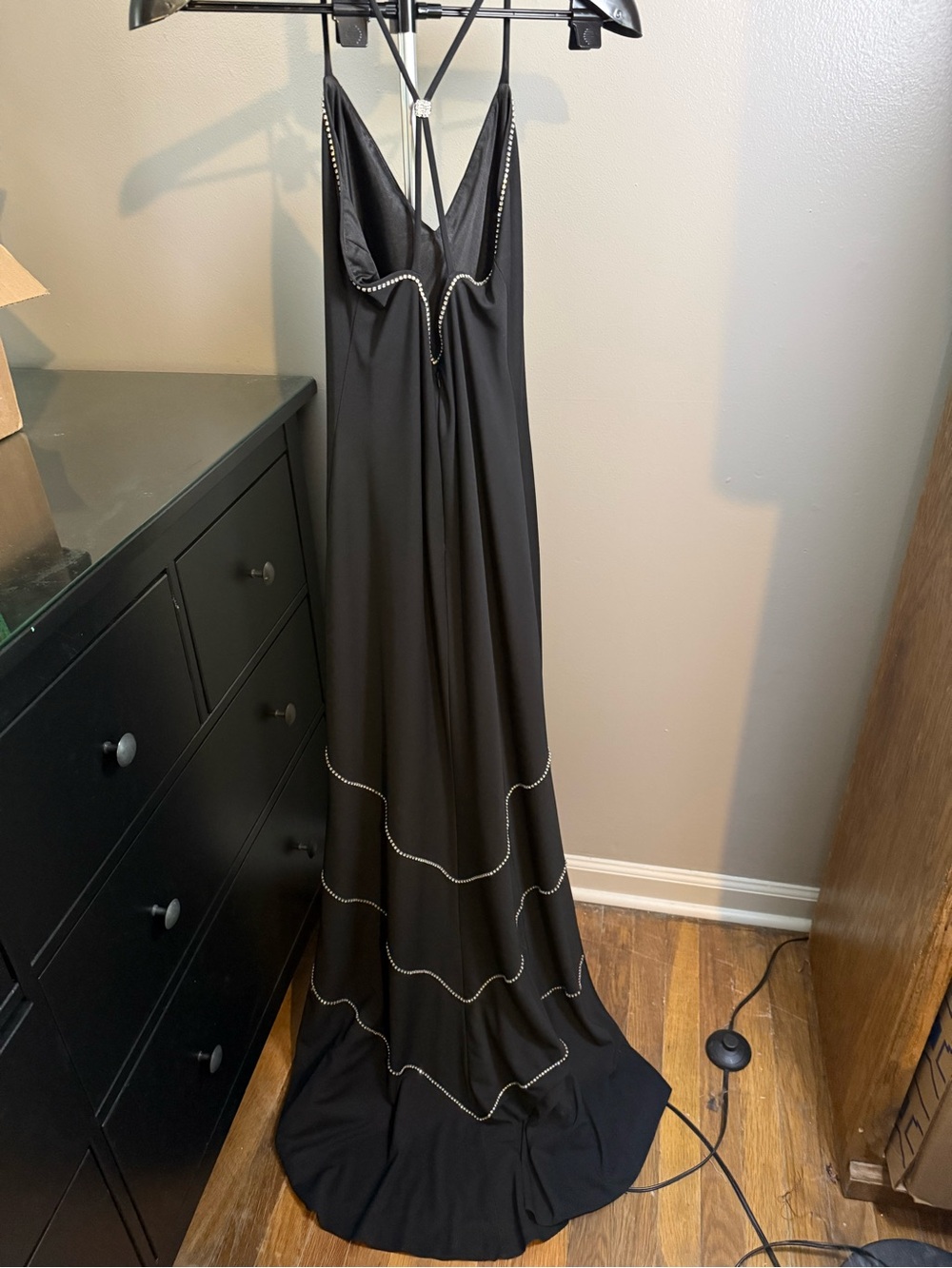 Black Custom Sleeveless Evening Gown with Beaded Trim and Train